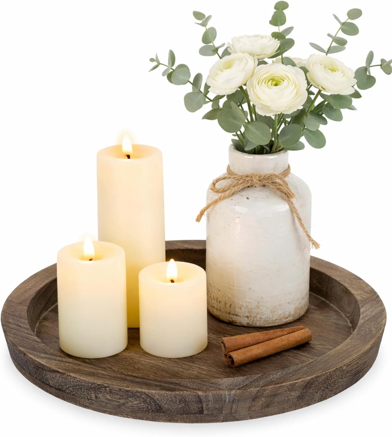 Hanobe Round Wooden Candle Holder Trays for Coffee Table, Distressed Finish