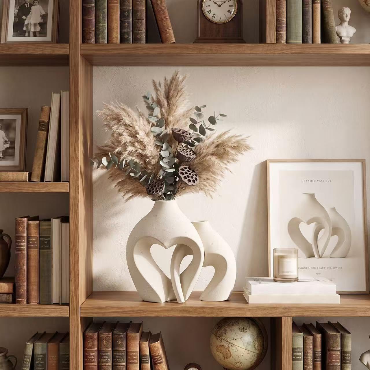White Ceramic Flower Vase Home Table Decor Heart Shaped Vase Set of 2