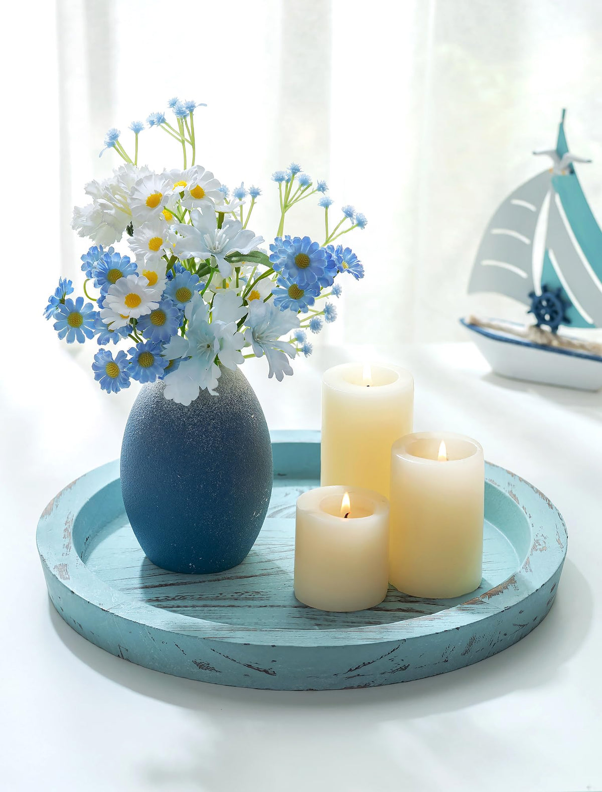 Hanobe Round Wooden Candle Holder Trays for Coffee Table, Distressed Finish