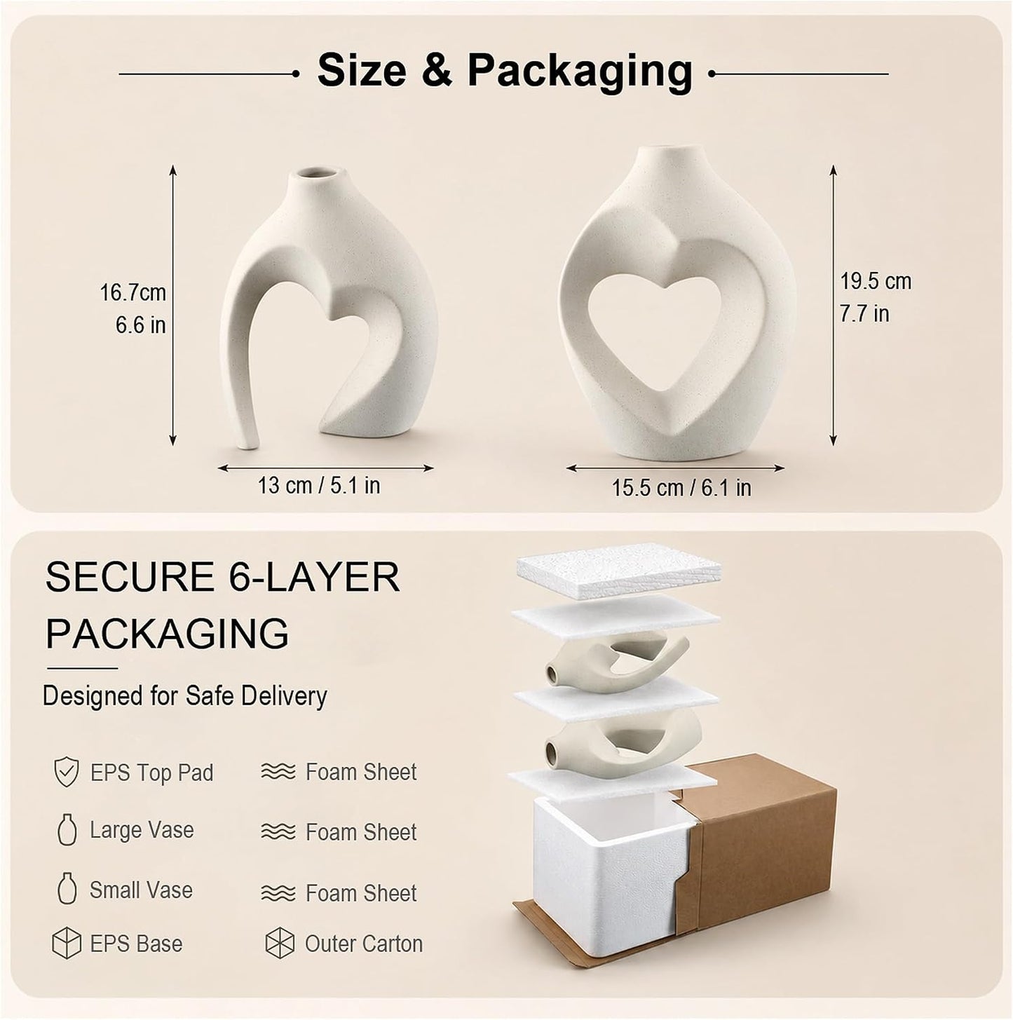 White Ceramic Flower Vase Home Table Decor Heart Shaped Vase Set of 2