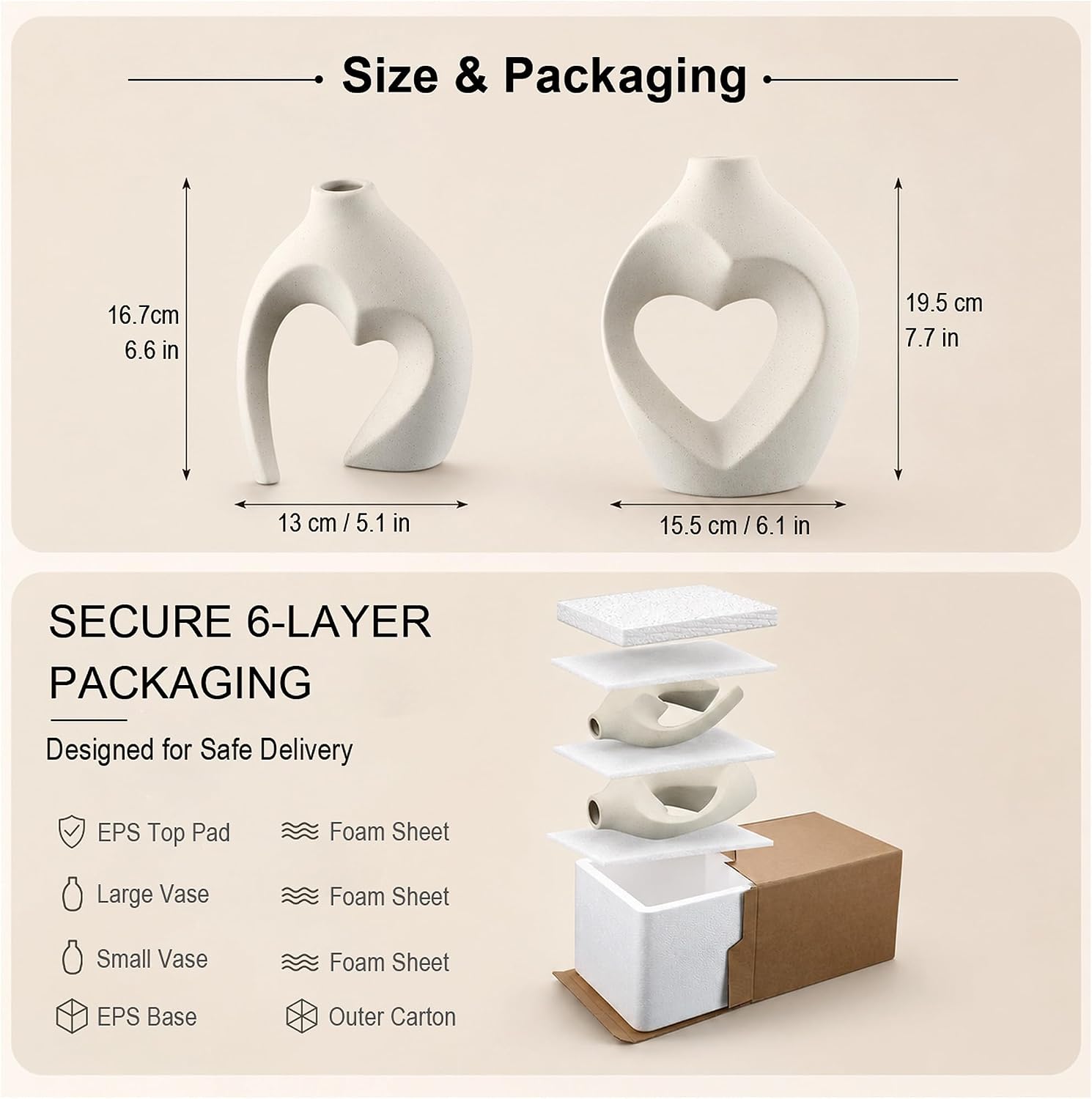 White Ceramic Flower Vase Home Table Decor Heart Shaped Vase Set of 2