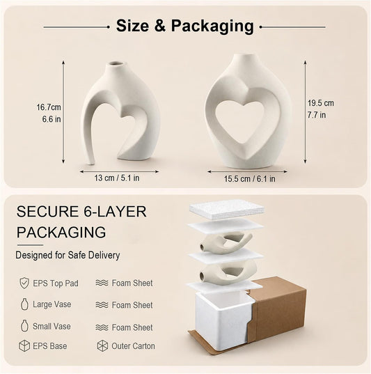 White Ceramic Flower Vase Home Table Decor Heart Shaped Vase Set of 2