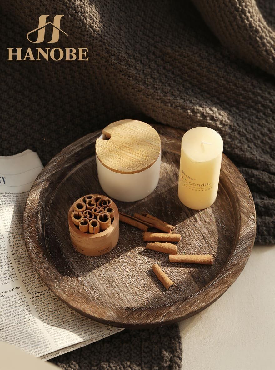 Hanobe Round Wooden Candle Holder Trays for Coffee Table, Distressed Finish