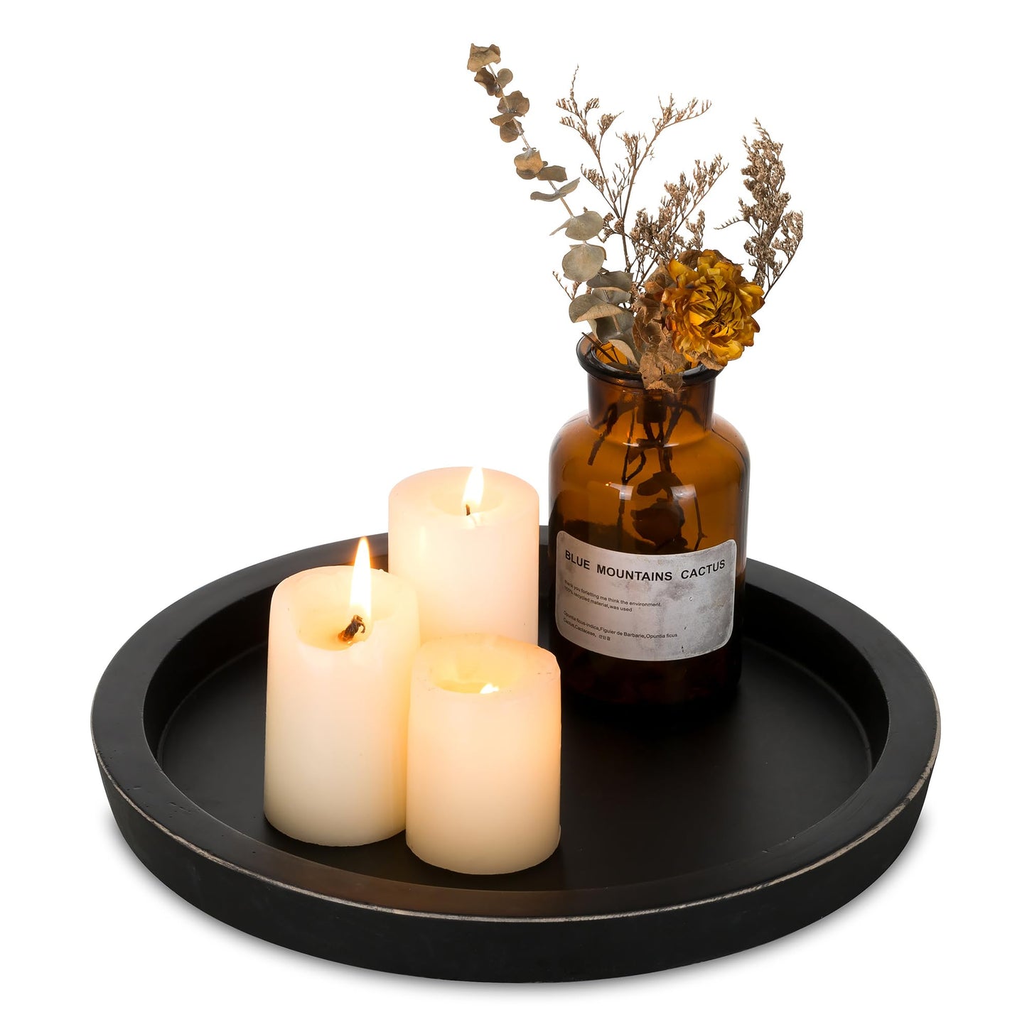 Hanobe Round Wooden Candle Holder Trays for Coffee Table, Distressed Finish