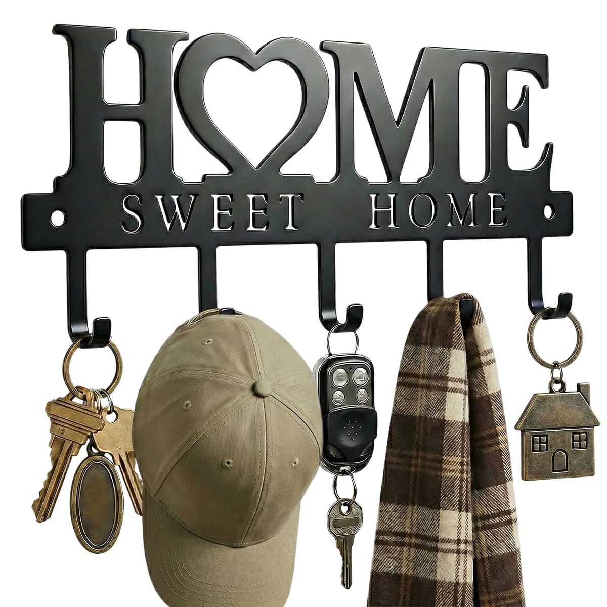 Entryway Wall Key Holder with 5 Hooks, Metal Key Rack Wall Mount for Keys, Bags and Leashes, Decorative Organizer for Entryway, Mudroom or Hallway, Sweet Home Design, 9.8 inches, Black