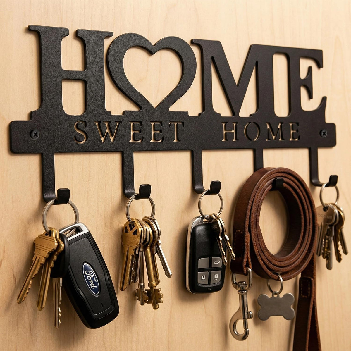 Entryway Wall Key Holder with 5 Hooks, Metal Key Rack Wall Mount for Keys, Bags and Leashes, Decorative Organizer for Entryway, Mudroom or Hallway, Sweet Home Design, 9.8 inches, Black