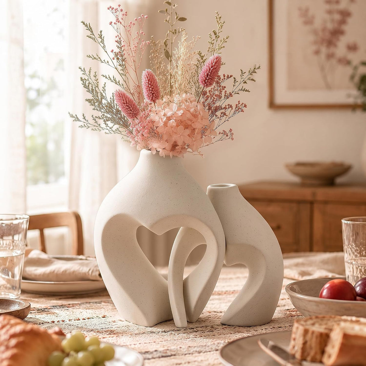 White Ceramic Flower Vase Home Table Decor Heart Shaped Vase Set of 2