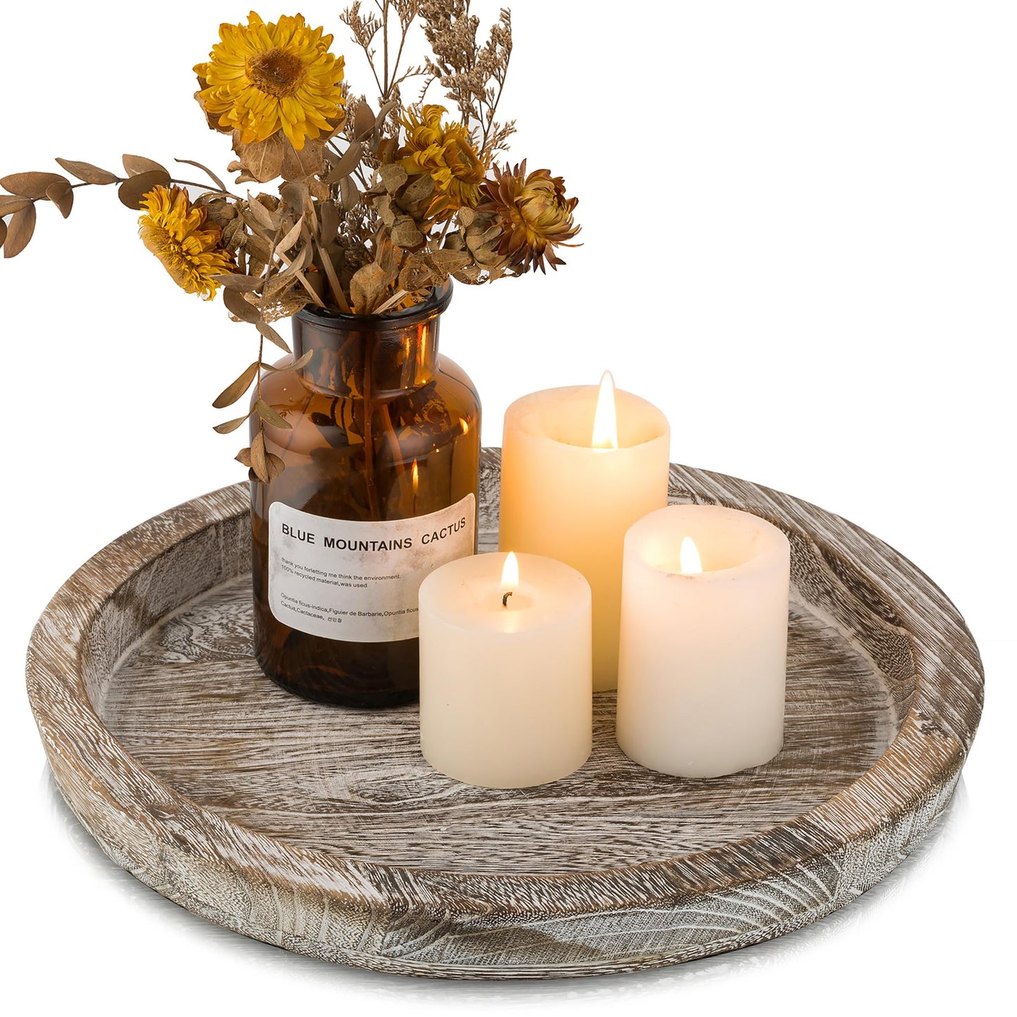 Hanobe Round Wooden Candle Holder Trays for Coffee Table, Distressed Finish