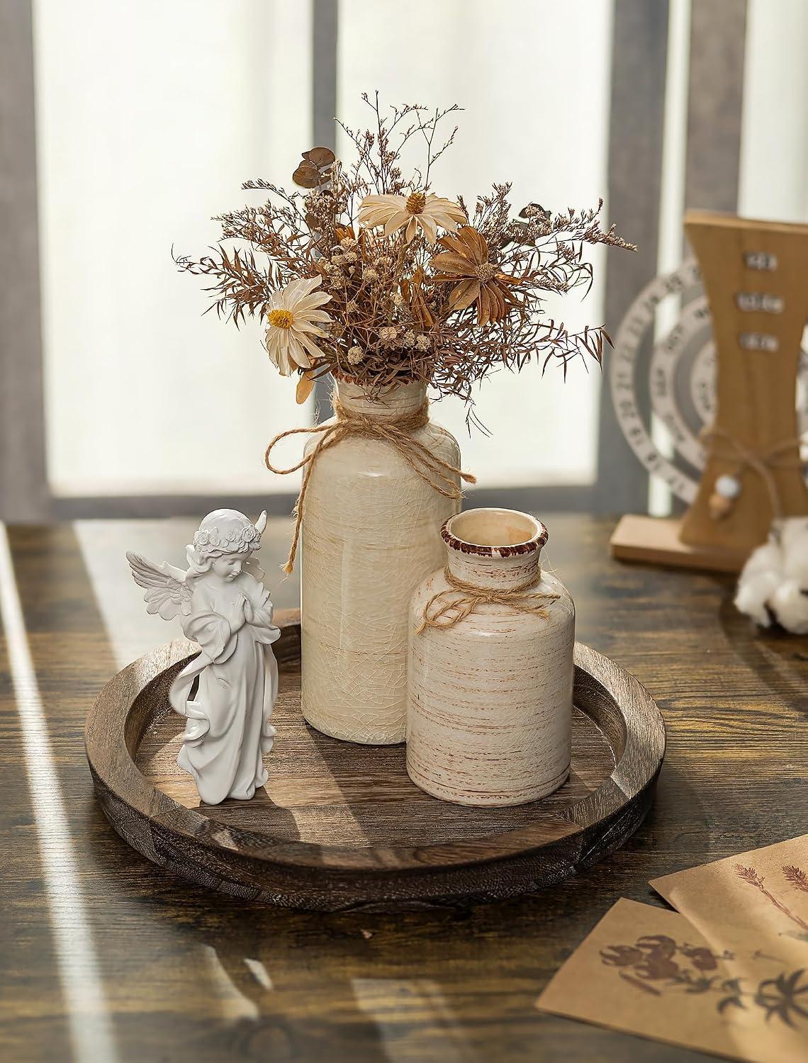 Hanobe Round Wooden Candle Holder Trays for Coffee Table, Distressed Finish