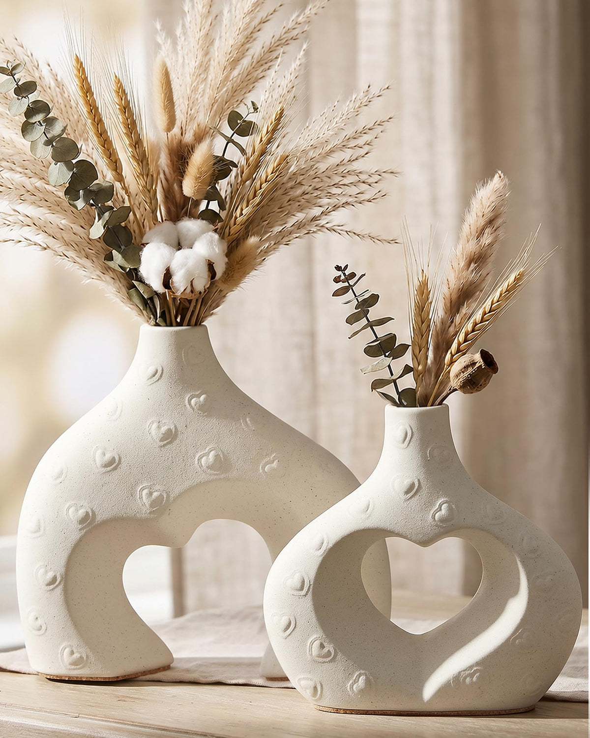 White Ceramic Flower Vase Home Table Decor Heart Shaped Vase Set of 2