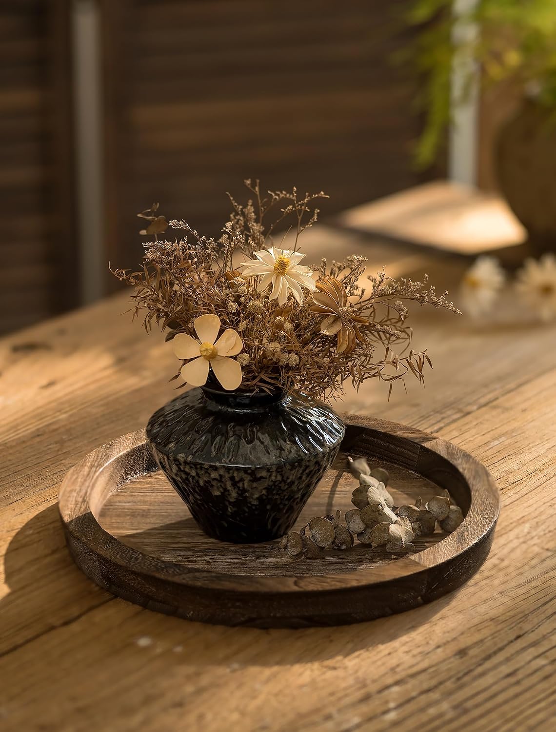 Hanobe Round Wooden Candle Holder Trays for Coffee Table, Distressed Finish