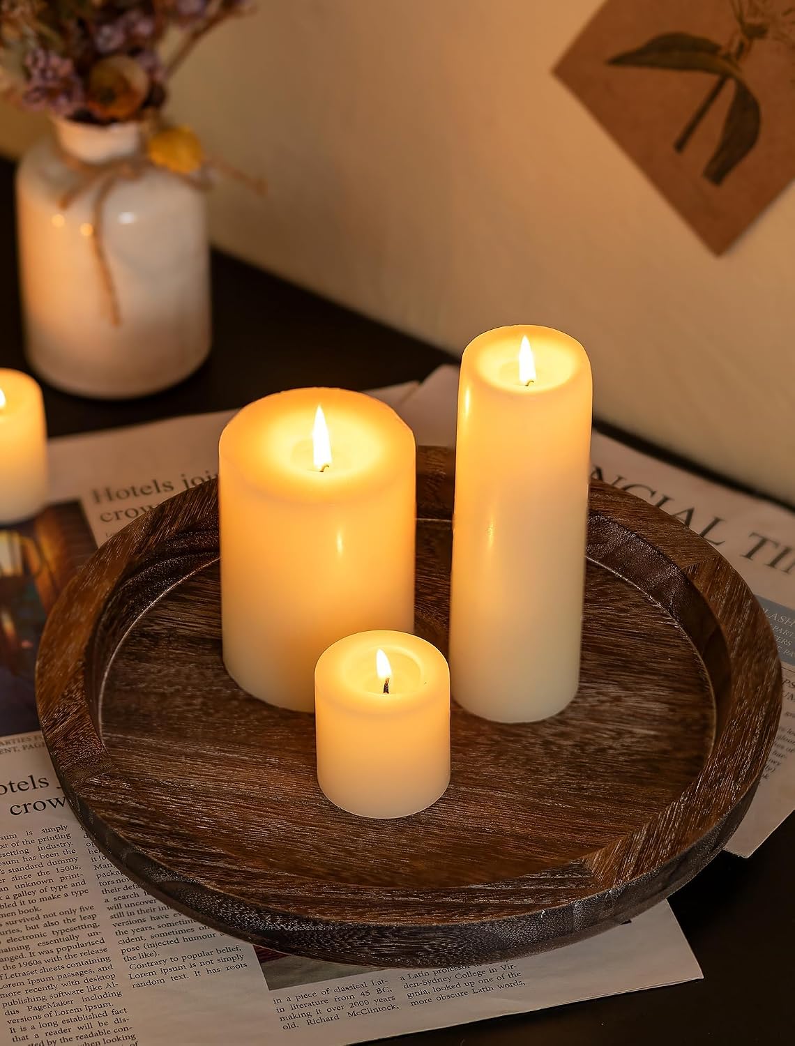 Hanobe Round Wooden Candle Holder Trays for Coffee Table, Distressed Finish