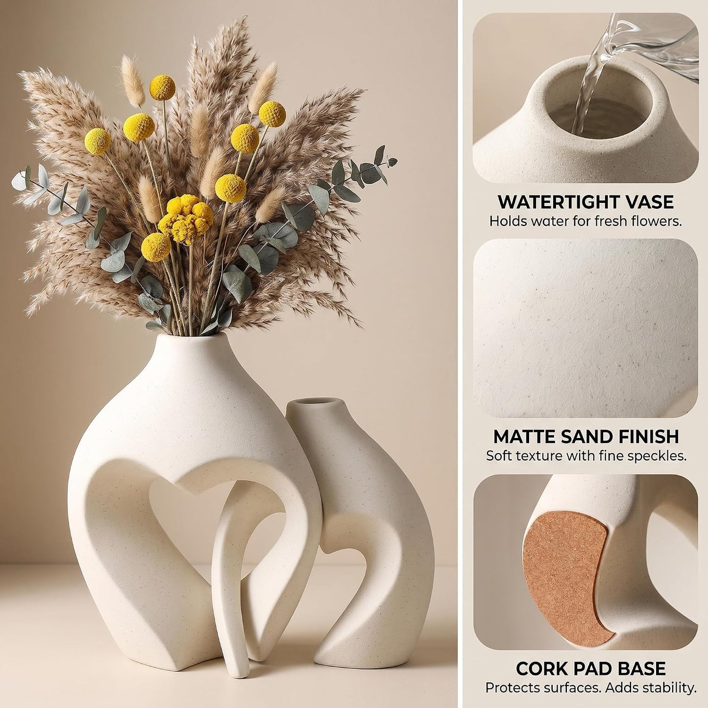 White Ceramic Flower Vase Home Table Decor Heart Shaped Vase Set of 2