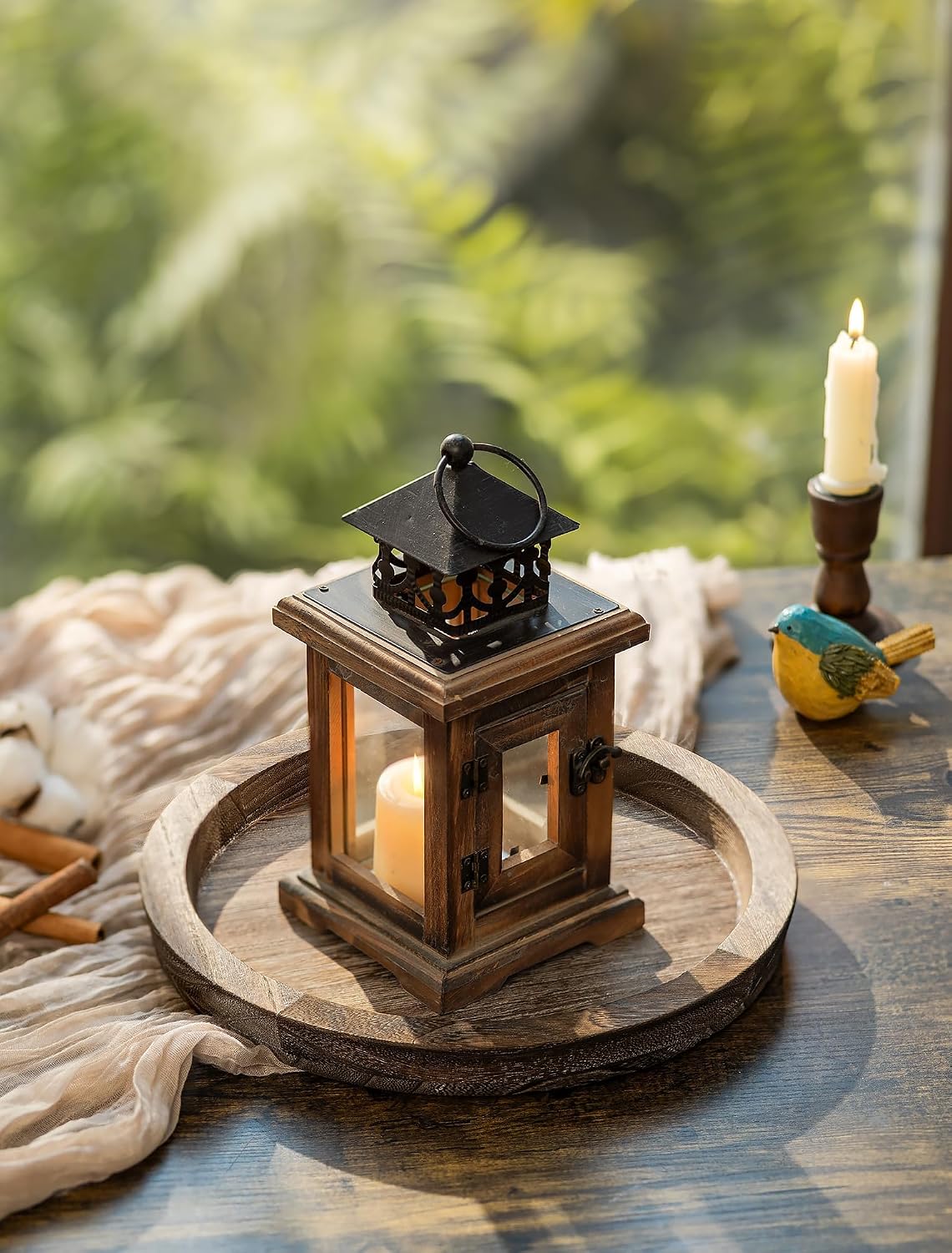 Hanobe Round Wooden Candle Holder Trays for Coffee Table, Distressed Finish