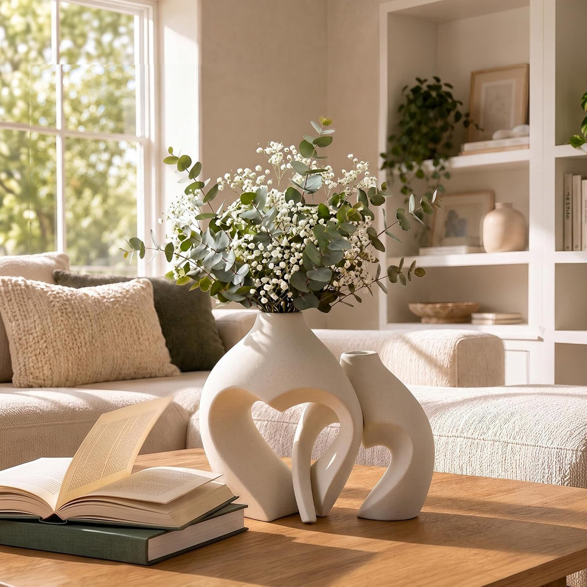 White Ceramic Flower Vase Home Table Decor Heart Shaped Vase Set of 2