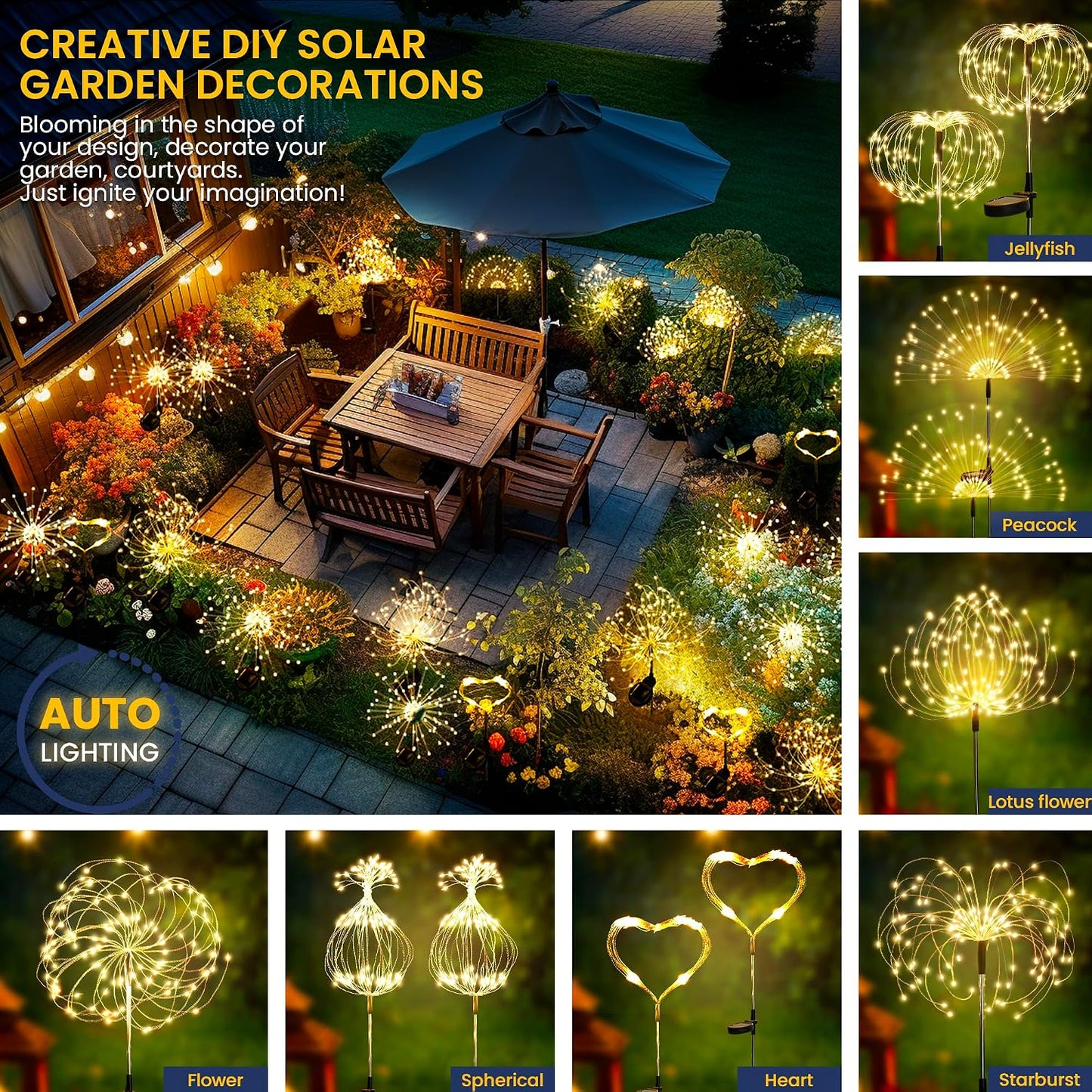 GIGALUMI 2 Pack Solar Firework Lights Outdoor, Garden Decor, Warm White